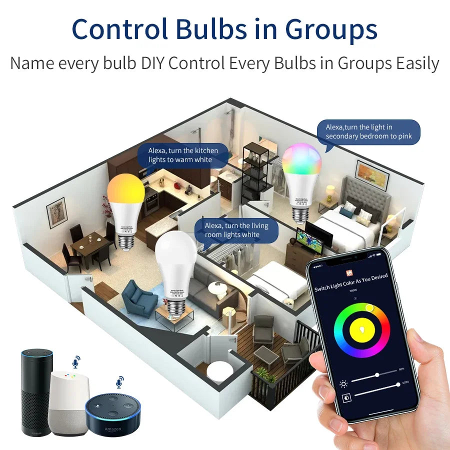 Tuya WiFi LED Smart Bulb, RGB, Voice Control with Alexa and Google Assistant